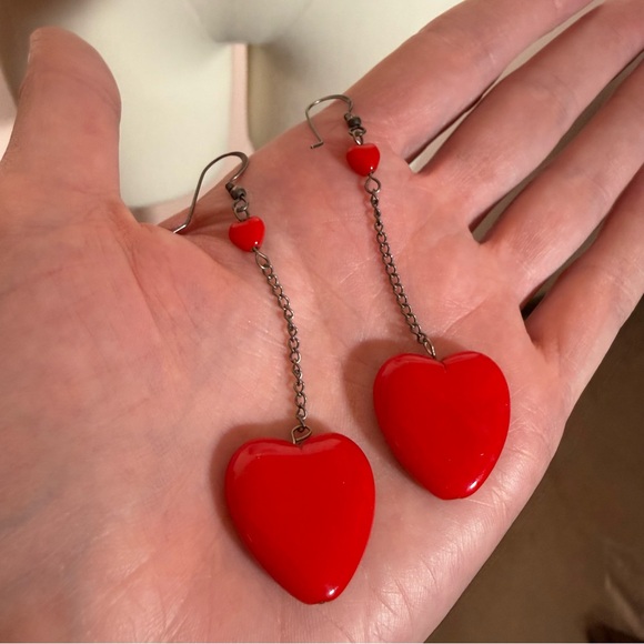 Vintage Red glass Heart Sterling silver oversized Modernist dangle Earrings - Picture 15 of 15